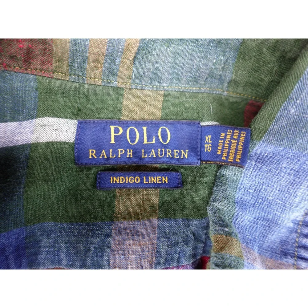 Polo Ralph Lauren Mens XL Multicolor Plaid Indigo Linen Long Sleeve Button Shirt